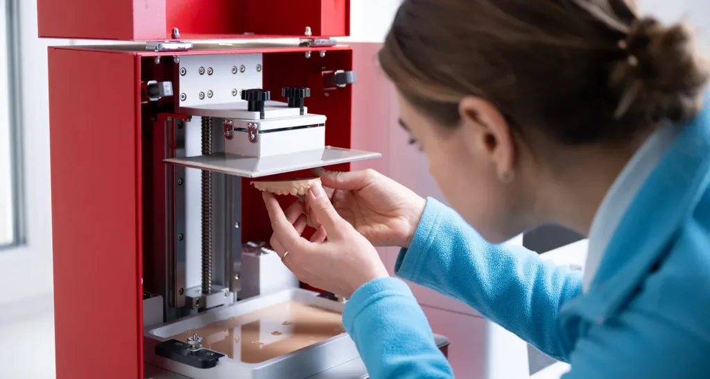 Zahntechnikerin mit Modells eines Gebisses bei der abmessung