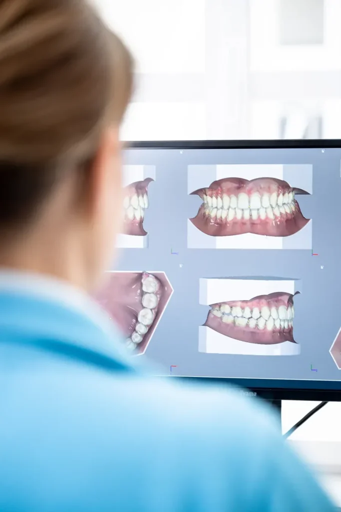 Frau sieht sich fotos von gebissen auf einem Bildschirm an